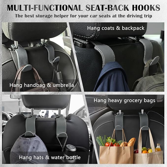 Amooca Car Seat Headrest Hook Universal Vehicle Storage Hanger Leather with Metal Car Seat Back Organizer for Handbag Purse Coat Grey 2 Pack