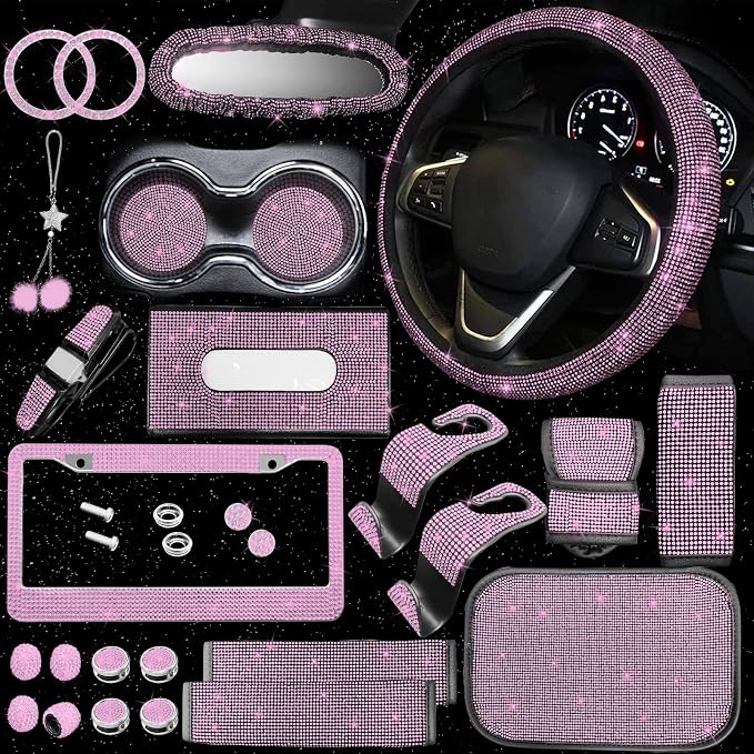 25PCS Bling Car Car Accessories Set,15 Inch Steering Wheel Cover,Shiny License Plate Frame,Center Console Cover and Rearview Mirror Set and Other Car Accessories(Pink)