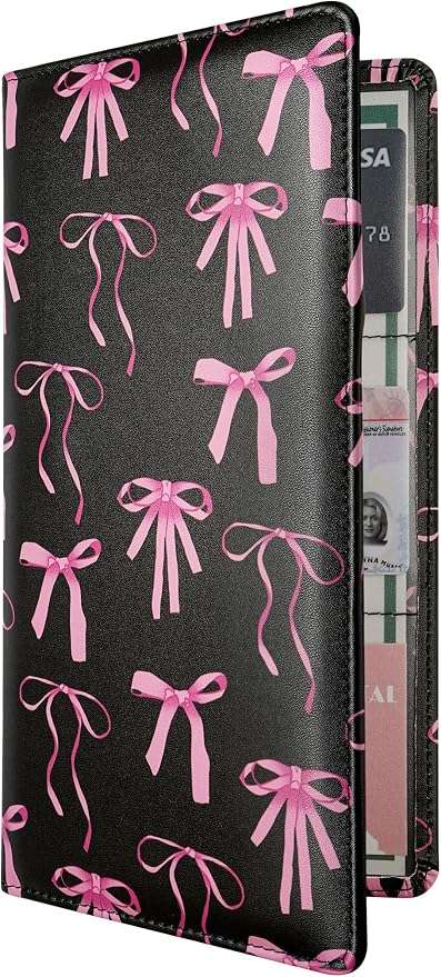 Mymazn Car Registration and Insurance Holder, PU Leather Glove Box Car Organizer with Magnetic Closure, Car Document Holder for Driver's License & Essential Documents (Pink Bow)