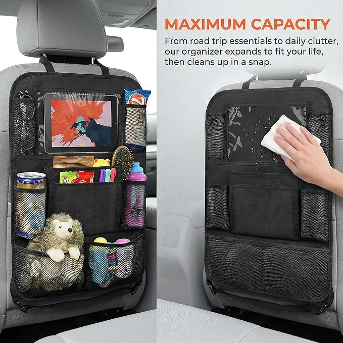 Car Backseat Organizer with Tablet Holder for Kids Toddlers | 9 Storage Pockets, Kick Mats Seat Protector, Waterproof, Universal Fit, Travel Accessories