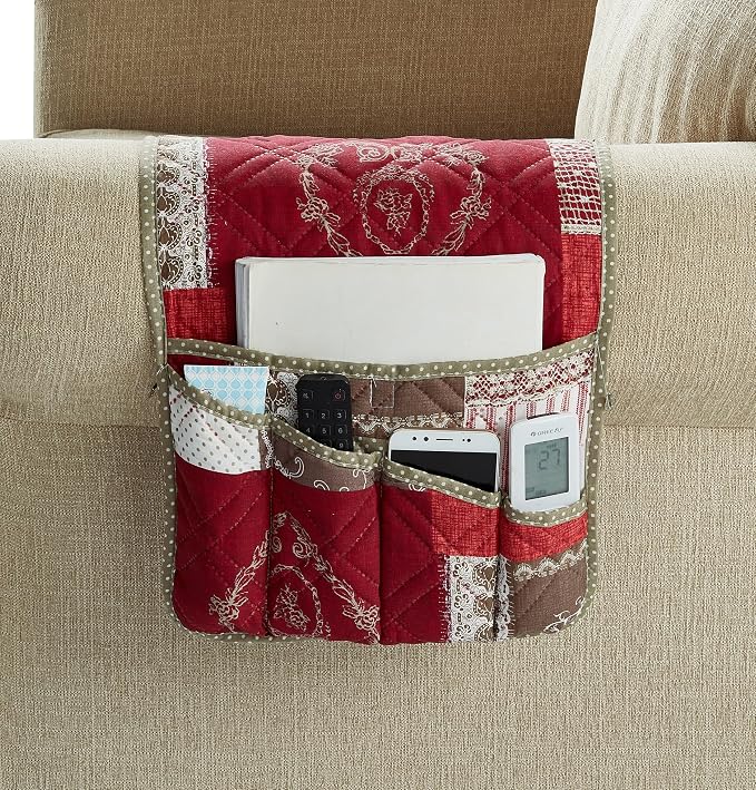 Brilliant Sunshine Burgundy Toile Floral Patchwork Couch Armrest Organizer, Non Slip Armchair Caddy for Sofa Recliner, Washable Remote Control Holder, Storage for Magazine, Phone, iPad (35"×13")