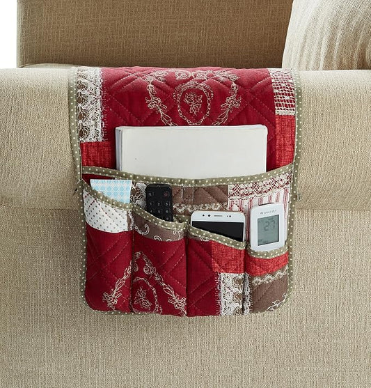 Brilliant Sunshine Burgundy Toile Floral Patchwork Couch Armrest Organizer, Non Slip Armchair Caddy for Sofa Recliner, Washable Remote Control Holder, Storage for Magazine, Phone, iPad (35"×13")