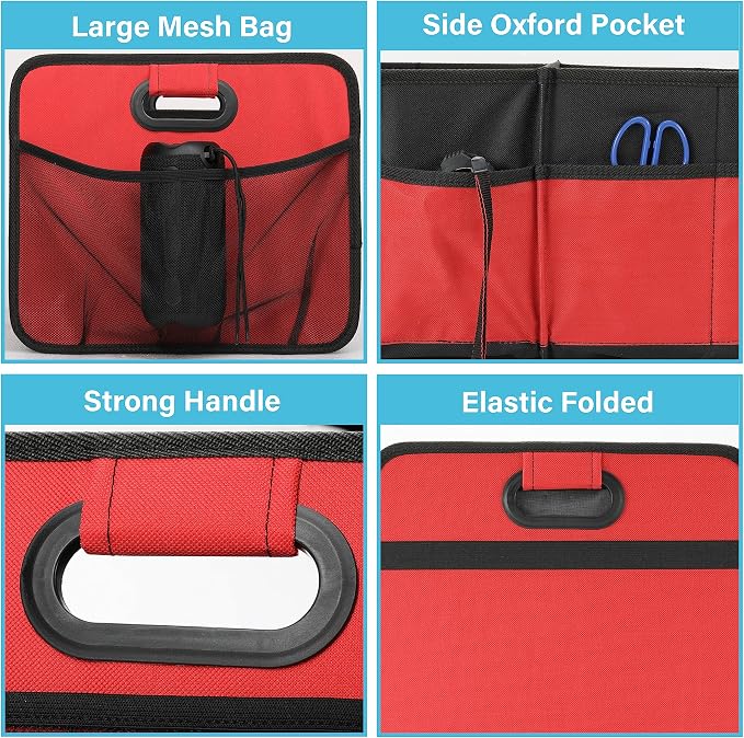 Simple Deluxe Car Trunk Organizer, 2 Compartments Collapsible Trunk Storage, Anti-slip Design, Made of Waterproof 600D Oxford Polyester, Suitable for SUV, Minivan, Truck, Standard Size, Red