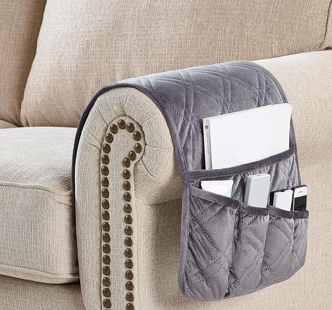 Brilliant Sunshine Grey Velvet Couch Armrest Organizer, Non Slip Armchair Caddy for Sofa Recliner, Washable Remote Controls Holder, Storage for Magazine, Tablet, Phone, iPad (35"×13")