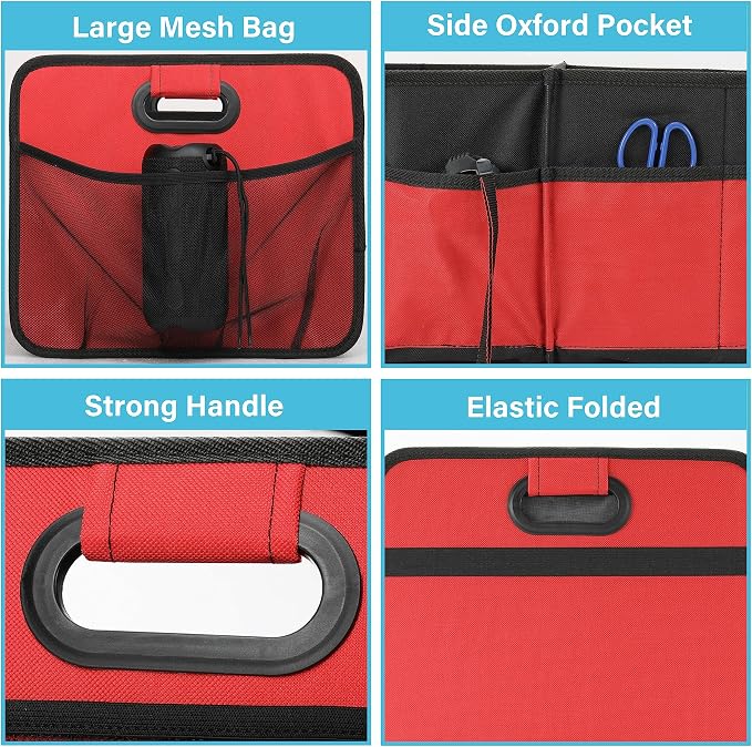 Simple Deluxe Trunk Organizer for Car/SUV/Truck, Collapsible 2 Compartment 50L Automotive Storage Box with 5 Pocket, 600D Waterproof Oxford Polyester, Anti-slip & Leak-proof, Red New