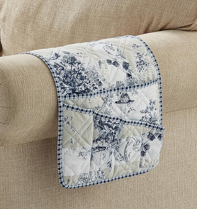 Brilliant Sunshine Blue Toile in Beige Ivory Patches Couch Armrest Organizer, Non Slip Armchair Caddy for Sofa Recliner, Washable Remote Control Holder, Storage for Magazine, Phone, iPad (35"×13")