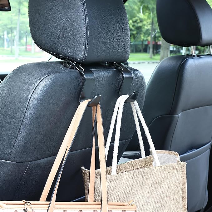 4-Pack 360° Rotating Car Headrest Hooks Vehicle Storage Organizer for Purses Handbags Groceries Backpack Coats – Holds 55lbs Universal Fit with Clip Black