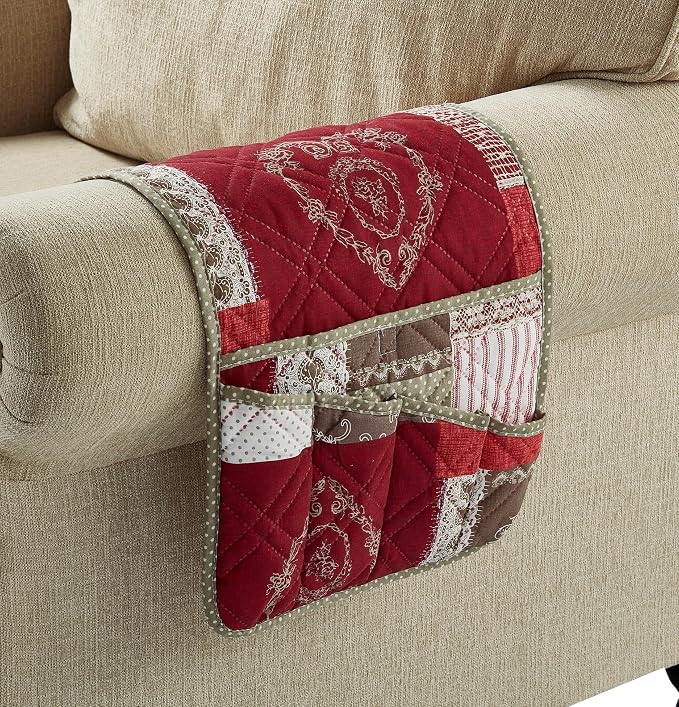 Brilliant Sunshine Burgundy Toile Floral Patchwork Couch Armrest Organizer, Non Slip Armchair Caddy for Sofa Recliner, Washable Remote Control Holder, Storage for Magazine, Phone, iPad (35"×13")