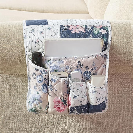 Brilliant Sunshine Vintage Indigo Roses Patchwork Couch Armrest Organizer, Non Slip Armchair Caddy for Sofa Recliner, Washable Remote Control Holder, Storage for Magazine, Phone, iPad (35"×13")
