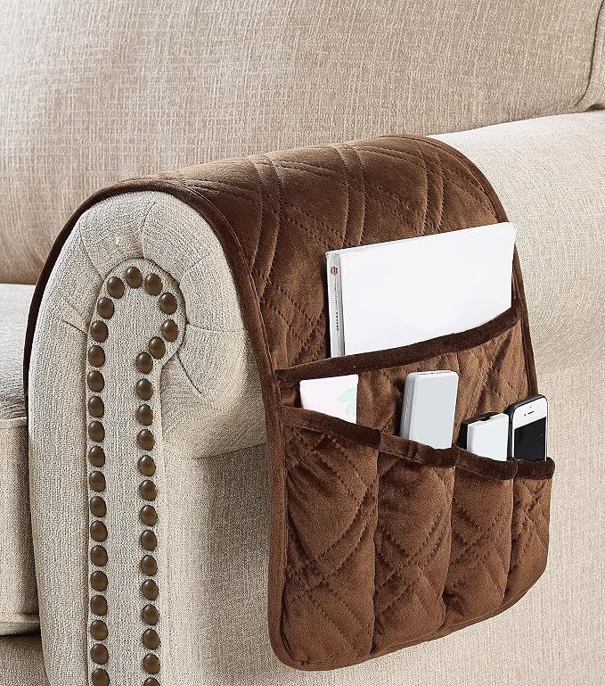 Brilliant Sunshine Chocolate Velvet Couch Armrest Organizer, Non Slip Armchair Caddy for Sofa Recliner, Washable Remote Control Holder, Storage for Magazine, Tablet, Phone, iPad (35"×13")