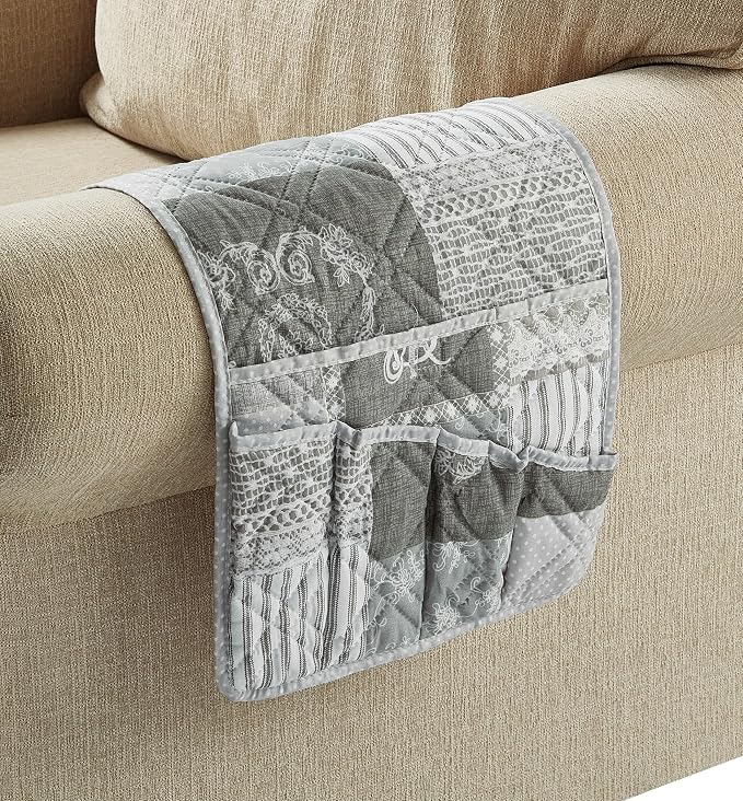 Brilliant Sunshine Grey Toile Floral Patchwork Couch Armrest Organizer, Non Slip Armchair Caddy for Sofa Recliner, Washable Remote Control Holder, Storage for Magazine, Phone, iPad (35"×13")
