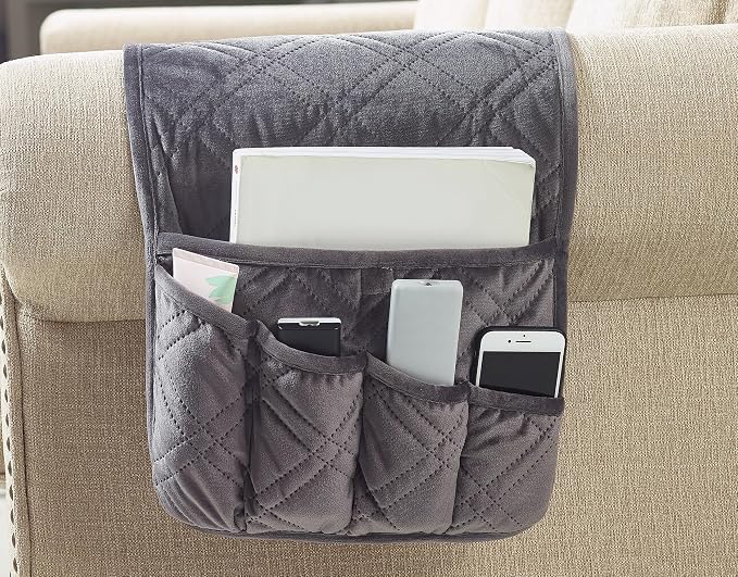 Brilliant Sunshine Grey Velvet Couch Armrest Organizer, Non Slip Armchair Caddy for Sofa Recliner, Washable Remote Controls Holder, Storage for Magazine, Tablet, Phone, iPad (35"×13")