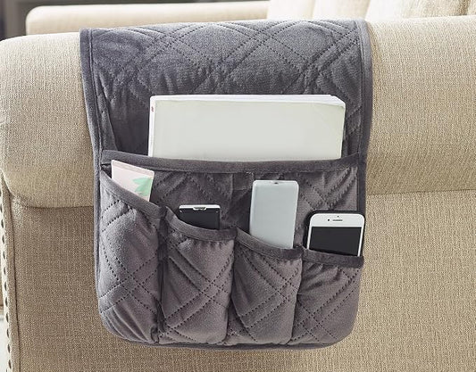 Brilliant Sunshine Grey Velvet Couch Armrest Organizer, Non Slip Armchair Caddy for Sofa Recliner, Washable Remote Controls Holder, Storage for Magazine, Tablet, Phone, iPad (35"×13")