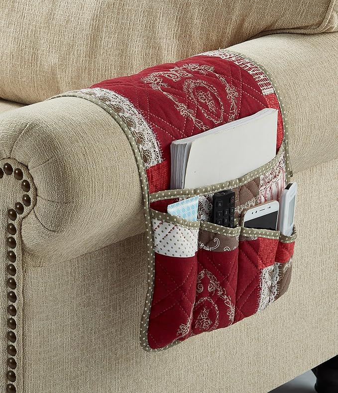 Brilliant Sunshine Burgundy Toile Floral Patchwork Couch Armrest Organizer, Non Slip Armchair Caddy for Sofa Recliner, Washable Remote Control Holder, Storage for Magazine, Phone, iPad (35"×13")