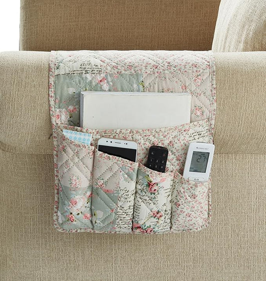 Brilliant Sunshine Pink Rose and Sage Patchwork Couch Armrest Organizer, Non Slip Armchair Caddy for Sofa Recliner, Washable Remote Control Holder, Storage for Magazine, Phone, iPad (35"×13")