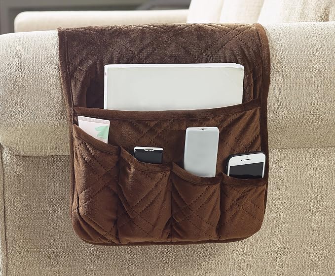 Brilliant Sunshine Chocolate Velvet Couch Armrest Organizer, Non Slip Armchair Caddy for Sofa Recliner, Washable Remote Control Holder, Storage for Magazine, Tablet, Phone, iPad (35"×13")