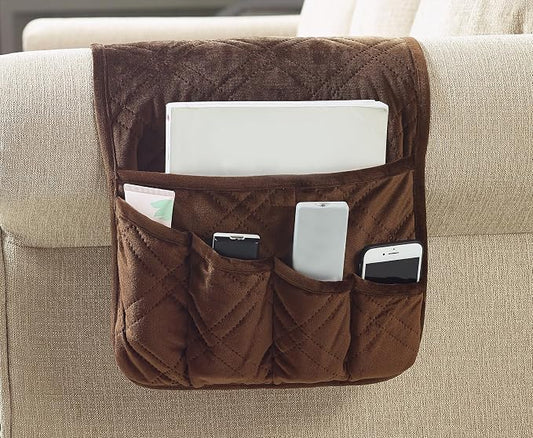 Brilliant Sunshine Chocolate Velvet Couch Armrest Organizer, Non Slip Armchair Caddy for Sofa Recliner, Washable Remote Control Holder, Storage for Magazine, Tablet, Phone, iPad (35"×13")