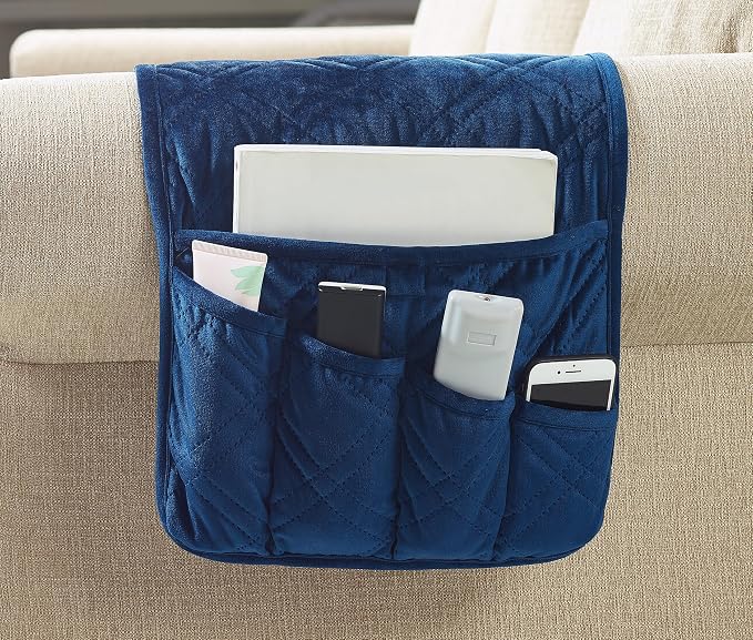 Brilliant Sunshine Dark Blue Velvet Couch Armrest Organizer, Non Slip Armchair Caddy for Sofa Recliner, Washable Remote Control Holder, Storage for Magazine, Tablet, Phone, iPad (35"×13")