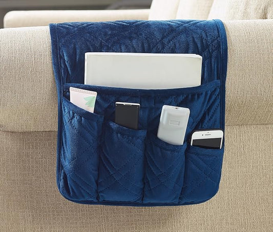 Brilliant Sunshine Dark Blue Velvet Couch Armrest Organizer, Non Slip Armchair Caddy for Sofa Recliner, Washable Remote Control Holder, Storage for Magazine, Tablet, Phone, iPad (35"×13")
