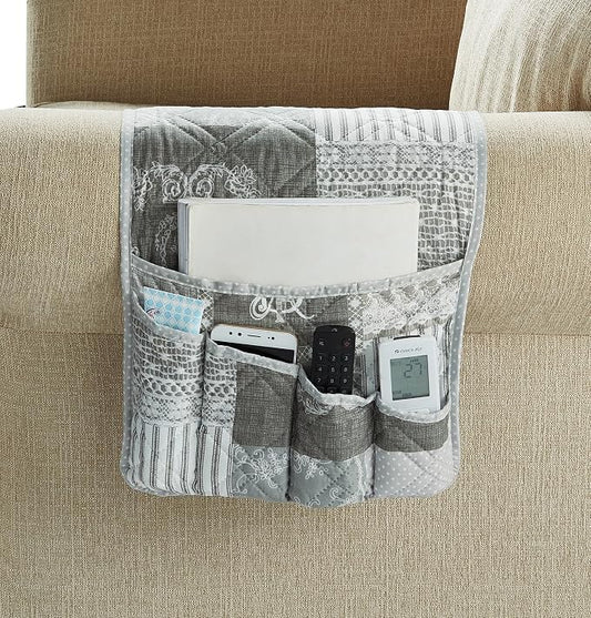 Brilliant Sunshine Grey Toile Floral Patchwork Couch Armrest Organizer, Non Slip Armchair Caddy for Sofa Recliner, Washable Remote Control Holder, Storage for Magazine, Phone, iPad (35"×13")