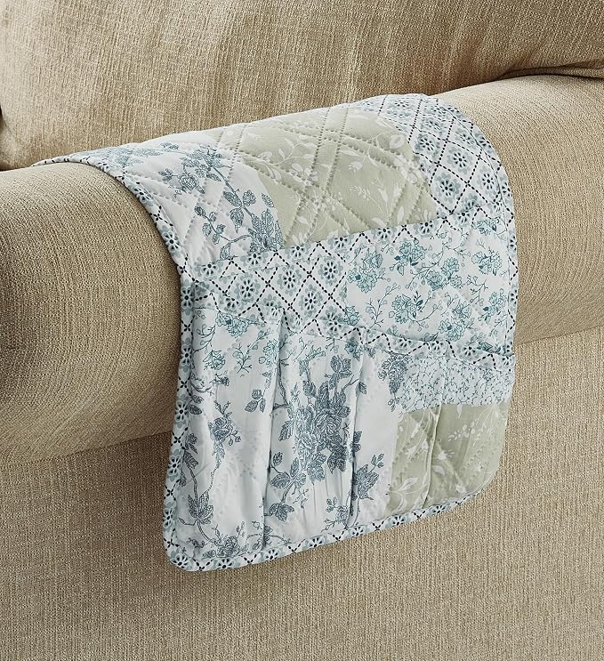 Brilliant Sunshine Multi Blue and Beige Floral Patchwork Couch Armrest Organizer, Non Slip Armchair Caddy for Sofa Recliner, Washable Remote Control Holder, Storage for Magazine, iPad (35"×13")