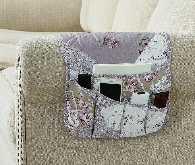 Brilliant Sunshine Lilac and Beige Roses Patchwork Couch Armrest Organizer, Non Slip Armchair Caddy for Sofa Recliner, Washable Remote Control Holder, Storage for Magazine, Phone, iPad (35"×13")