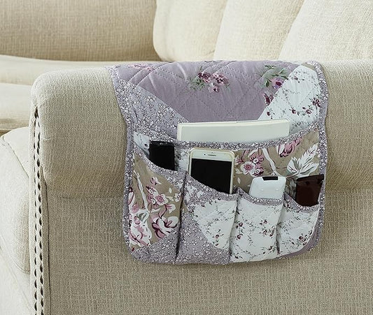 Brilliant Sunshine Lilac and Beige Roses Patchwork Couch Armrest Organizer, Non Slip Armchair Caddy for Sofa Recliner, Washable Remote Control Holder, Storage for Magazine, Phone, iPad (35"×13")