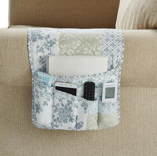 Brilliant Sunshine Multi Blue and Beige Floral Patchwork Couch Armrest Organizer, Non Slip Armchair Caddy for Sofa Recliner, Washable Remote Control Holder, Storage for Magazine, iPad (35"×13")