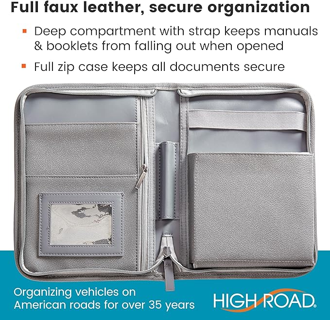 High Road Car Owners Manual Case and Glove Compartment Document Holder - Pebbled Faux Leather Glove Box Organizer for Car, SUV, Truck (Gray)