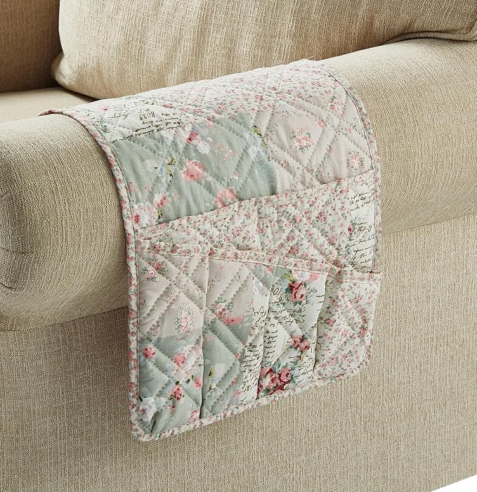 Brilliant Sunshine Pink Rose and Sage Patchwork Couch Armrest Organizer, Non Slip Armchair Caddy for Sofa Recliner, Washable Remote Control Holder, Storage for Magazine, Phone, iPad (35"×13")
