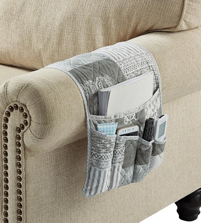 Brilliant Sunshine Grey Toile Floral Patchwork Couch Armrest Organizer, Non Slip Armchair Caddy for Sofa Recliner, Washable Remote Control Holder, Storage for Magazine, Phone, iPad (35"×13")