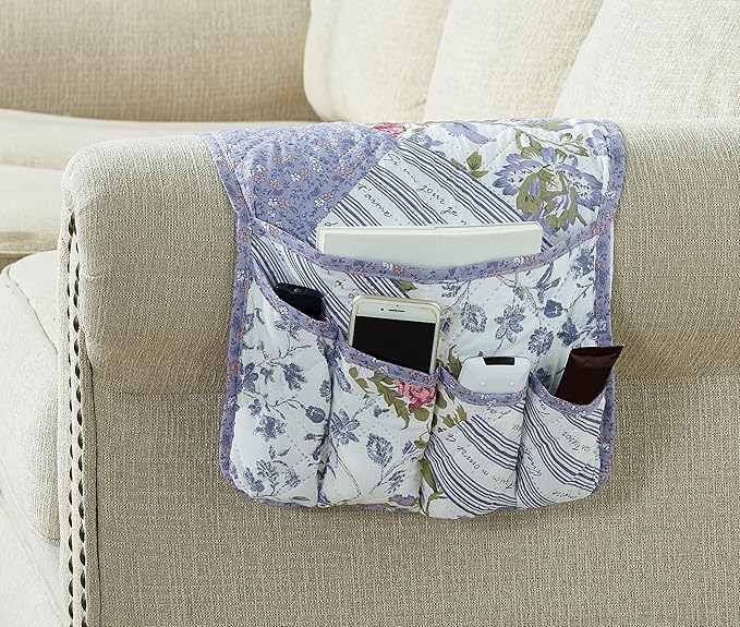 Brilliant Sunshine Rose Violet Patchwork Couch Armrest Organizer, Non Slip Armchair Caddy for Sofa Recliner, Washable Remote Control Holder, Storage for Magazine, Phone, iPad (35"×13")