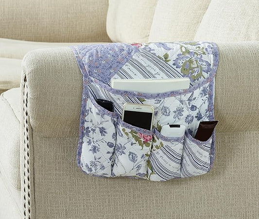 Brilliant Sunshine Rose Violet Patchwork Couch Armrest Organizer, Non Slip Armchair Caddy for Sofa Recliner, Washable Remote Control Holder, Storage for Magazine, Phone, iPad (35"×13")