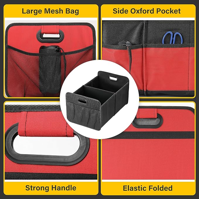 YSSOA 2 Compartments Car Trunk Organizer, 600D Waterproof Oxford Polyester Car Storage, Anti-slip 14" D x 22" W x 12" H Collapsible Trunk Storage, Suitable for SUV, Minivan, Truck, Red