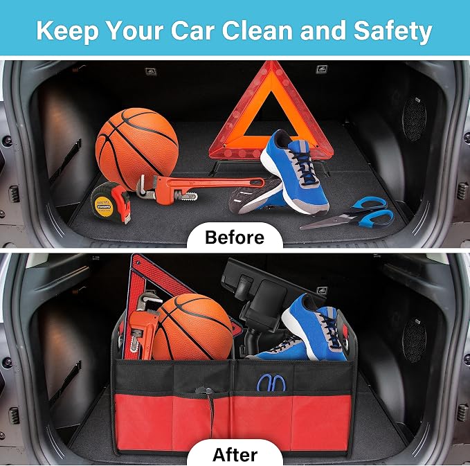 Simple Deluxe Car Trunk Organizer, 2 Compartments Collapsible Trunk Storage, Anti-slip Design, Made of Waterproof 600D Oxford Polyester, Suitable for SUV, Minivan, Truck, Standard Size, Red
