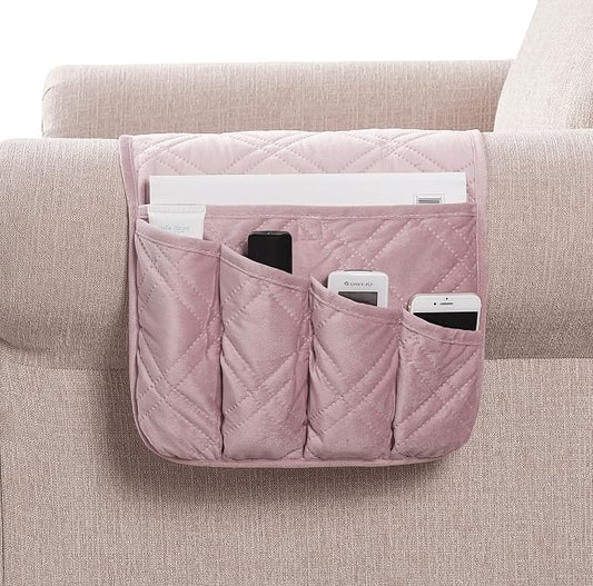 Brilliant Sunshine Silver Pink Velvet Couch Armrest Organizer, Non Slip Armchair Caddy for Sofa Recliner, Washable Remote Control Holder, Storage for Magazine, Tablet, Phone, iPad (35"×13")