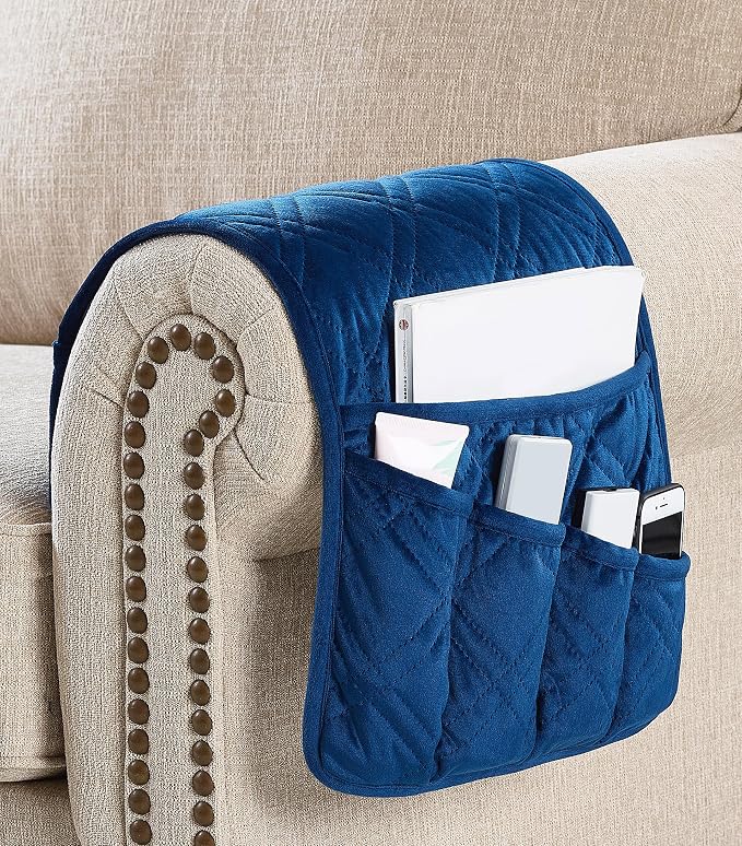 Brilliant Sunshine Dark Blue Velvet Couch Armrest Organizer, Non Slip Armchair Caddy for Sofa Recliner, Washable Remote Control Holder, Storage for Magazine, Tablet, Phone, iPad (35"×13")