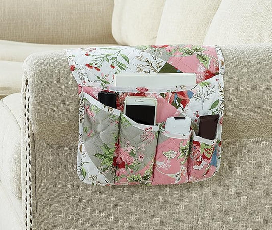 Brilliant Sunshine Peach and Olive Flowers Patchwork Couch Armrest Organizer, Non Slip Armchair Caddy for Sofa Recliner, Washable Remote Control Holder, Storage for Magazine, Phone, iPad (35"×13")