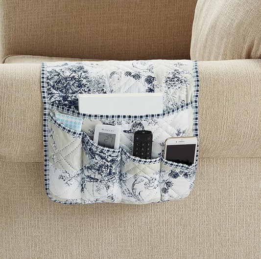 Brilliant Sunshine Blue Toile in Beige Ivory Patches Couch Armrest Organizer, Non Slip Armchair Caddy for Sofa Recliner, Washable Remote Control Holder, Storage for Magazine, Phone, iPad (35"×13")